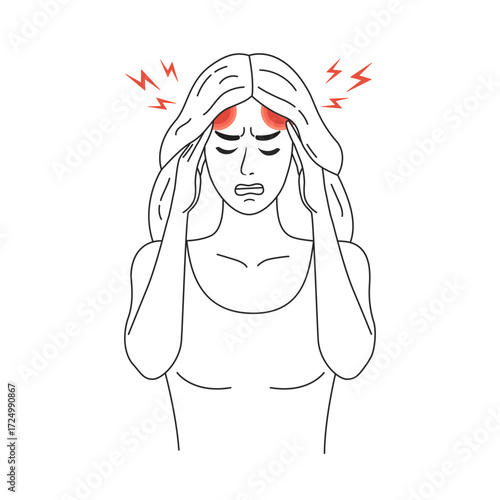 Outline sick woman holding her head because of problem with headache and migraine. Vector line girl with pain in the head as a symptoms of viral infection or stress at work.