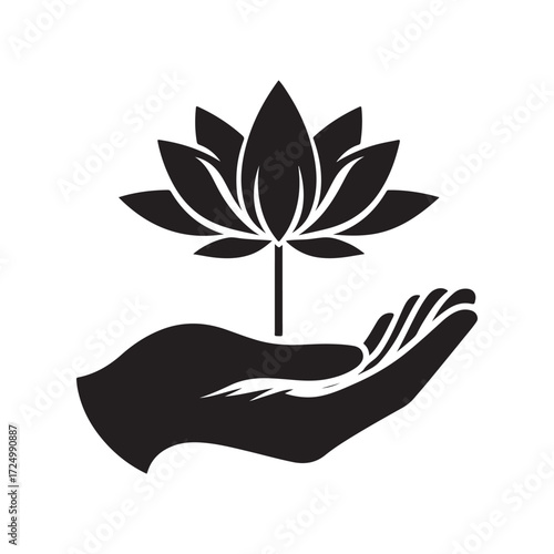 lotus growing out of open palm vector silhouette clip art logo design illustration
