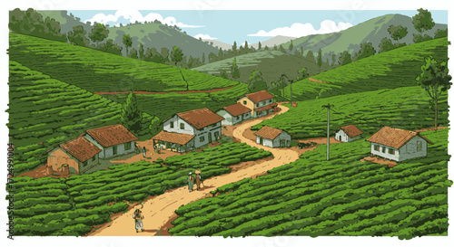Village Nestled in Lush Tea Plantation Landscape