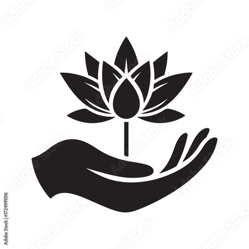 lotus growing out of open palm vector silhouette clip art logo design illustration