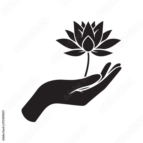 lotus growing out of open palm vector silhouette clip art logo design illustration