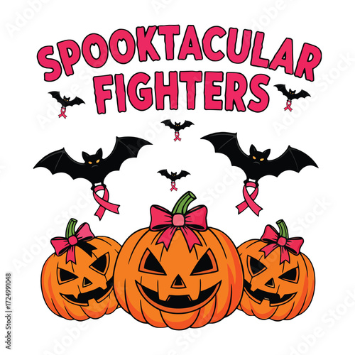 A Halloween themed graphic with carved pumpkins bats and pink ribbons advocating for breast cancer awareness vector 