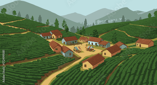 Rural Village in Tea Plantation Landscape Illustration