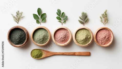 Five wooden bowls of colored powder,  natural beauty products,  with leaves
