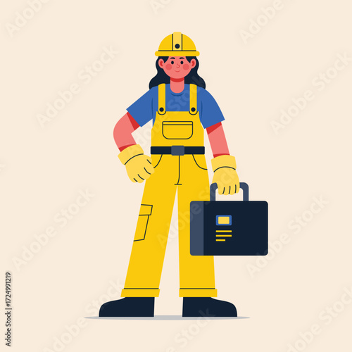 Female Construction Worker in Yellow Overalls, Helmet, and Safety Gear Standing with Toolbox