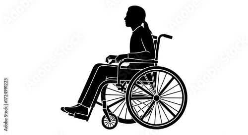 A clear black silhouette icon of an individual with a ponytail seated in a manual wheelchair, isolated on a pristine white background.