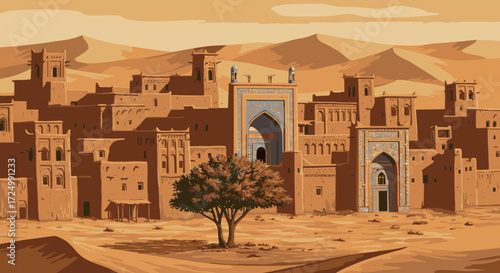 Stylized digital rendering of an ancient desert city's architectural grandeur amidst vast sand dunes and a lone resilient tree