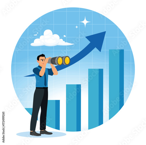 Businessmen observe economic growth graph diagrams through telescopes.
