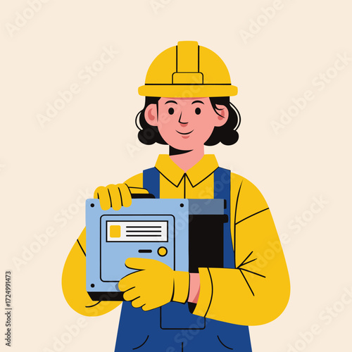 Construction Worker Female in Yellow Safety Gear Holding Disk and Documents Illustration