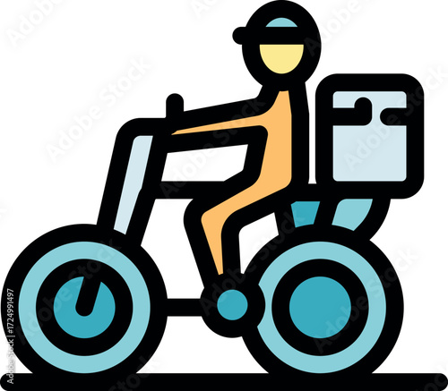 Courier delivering package using ecological three wheeled motorbike, sustainable delivery service