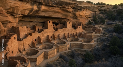 Ancient puebloan ruins at sunset