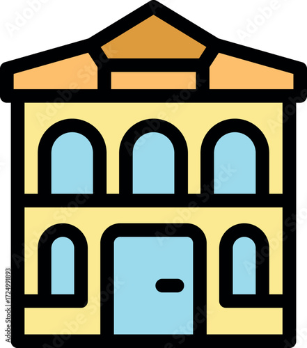 Colorful two story building featuring arched windows and a light blue door, evoking a classic architectural style
