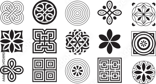 Collection of various black and white geometric designs isolated on white background