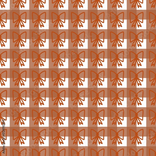 Seamless pattern with orange bow outlines on a brown and white checkered background. Hand drawn doodle with orange bow with checkered pattern background with doodle style. 