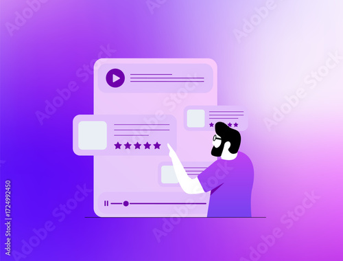 Customer testimonial videos - authentic feedback and positive experience that build trust, strengthen brand reputation. Testimonial videos support business growth in digital marketing illustration