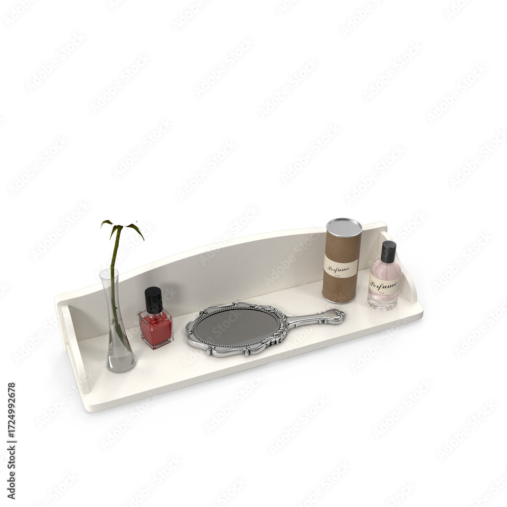 Fototapeta premium White Floating Shelf With Nail Polish And Perfume, Isolated on transparent background, PNG