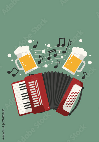 A creative flat design vector illustration showing a vibrant accordion playing, with its musical notes playfully transforming into beer foam, capturing the festive sounds and spirits of Oktoberfest.
