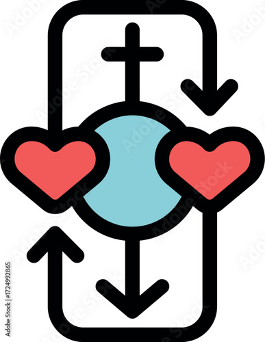 Christian dating app matching male and female symbols with red hearts exchanging love