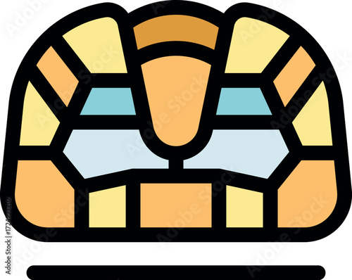 Geometric robot face featuring orange, yellow, and blue colors, evoking a futuristic and technological aesthetic