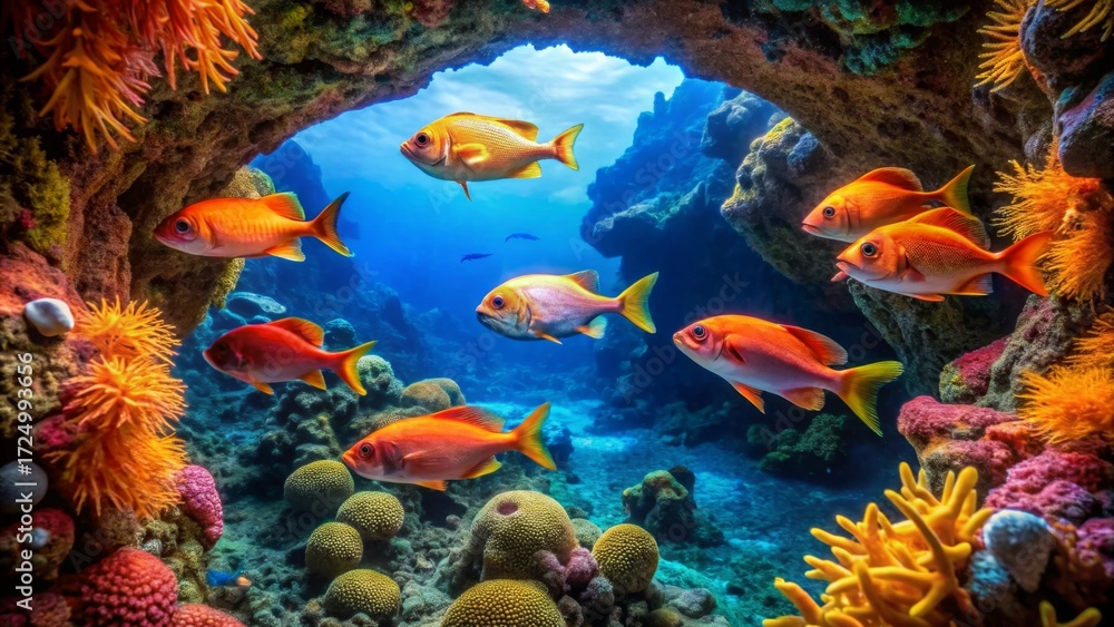 Fototapeta Vibrant Reefscape A School of Orange Fish Gracefully Navigates a Coral Cave's Entrance, Illuminated by a Sunlit Azure Ocean