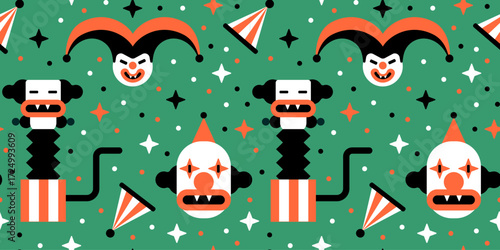 Seamless Halloween pattern with scary clowns. Halloween clowns seamless vector pattern. Seamless Halloween circus pattern.