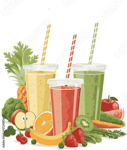 Fresh fruit juice drink with glass of healthy fruits and vegetables illustration