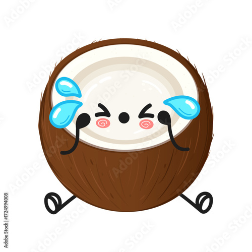 Crying coconut cartoon character feeling sad and upset