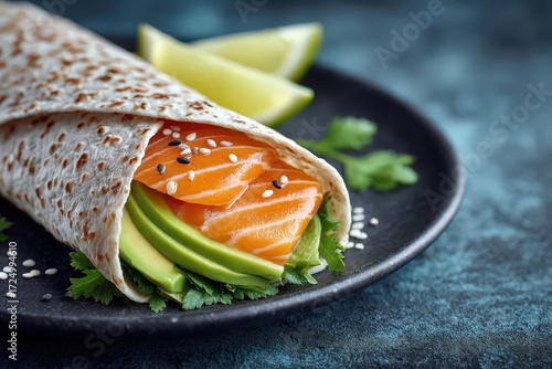 Freshly wrapped salmon and avocado in soft tortilla garnished with sesame seeds and cilantro on a stylish black plate with lime wedges for a gourmet culinary experience