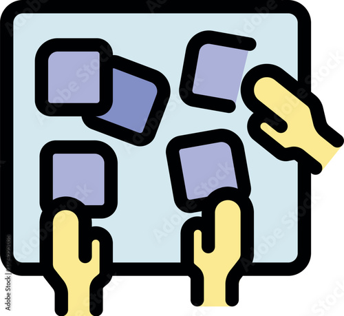 Hands repositioning colorful sticky notes on a whiteboard, symbolizing task management and agile methodologies in a collaborative work environment