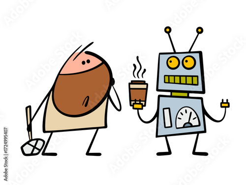Bearded prehistoric man looks at a retro robot. Vector illustration of artificial intelligence offering coffee in a paper cup in a cafe. A funny cyborg and a character with a stone axe.
