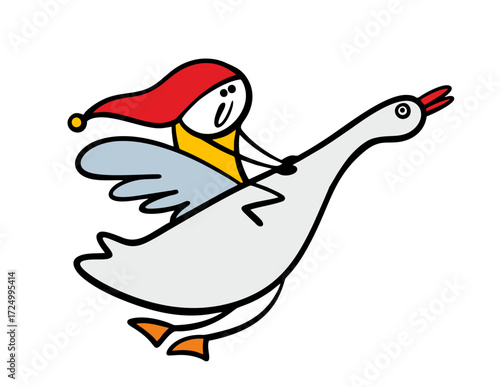Cartoon little dwarf is flying on the big goose. Vector illustration of the presage of Scandinavian fairy tales the boy and the wild party in the sky.