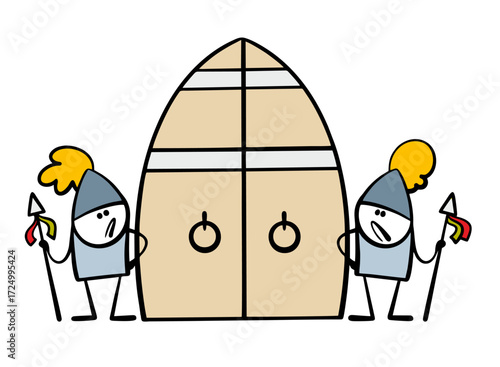Cartoon large closed gate to a fortress or castle. Vector illustration of two guards with spears and helmets standing in front of the entrance to the fortress. Protection from enemy invasion.