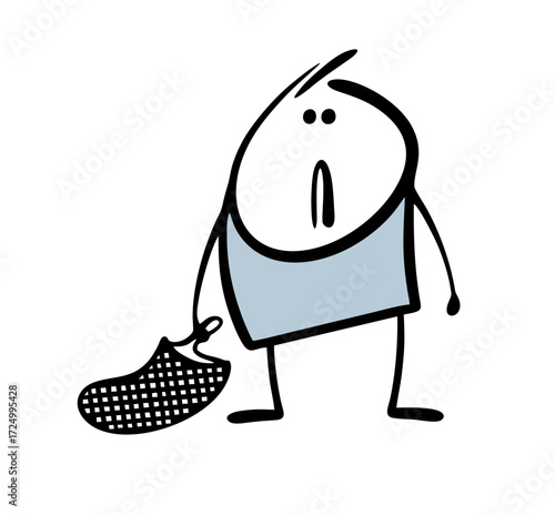 Confused boy forgot his shopping list and is standing in a store with a string bag. Vector illustration of a cartoon stickman walking to a supermarket with a grocery bag.