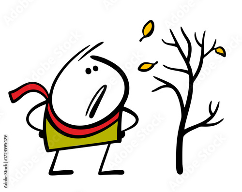 Autumn weather, wind and cold. Vector illustration of a stickman in a warm scarf looking at a fall of leaves, sad. A tree in the forest with bare branches. A walk in the park.