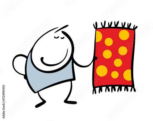 Satisfied man shows a handmade carpet with dot pattern. Vector illustration of a salesman in a store selling a textile product, an interior decoration.