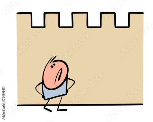 Cartoon stickman looks up at the high castle wall. Vector illustration of a disgruntled passerby encountering an obstacle.