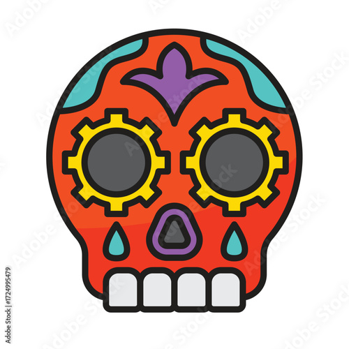 Stylized sugar skull with gearshaped eyes and colorful patterns