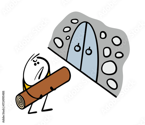 Cartoon gloomy stickman holds a large log and aims at the gate in the fortress wall. Vector illustration of an invading enemy punching through a lock door.