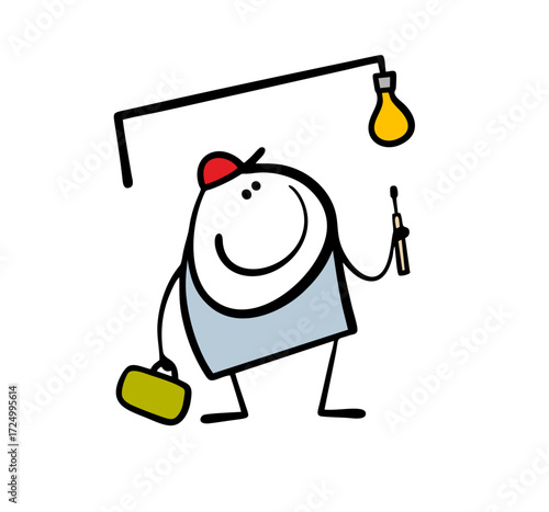 Cartoon electrician fixed the wiring. vector illustration of a stickman with a screwdriver looking at an electric light bulb. A funny character from a home repair service.