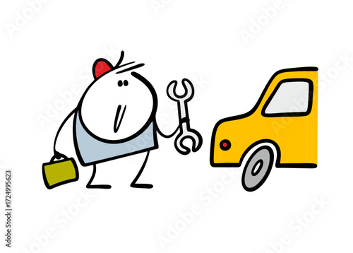 Cartoon mechanic with a wrench and a briefcase looks at the car. Vector illustration of the transport repair service. A funny man in a uniform with tools.