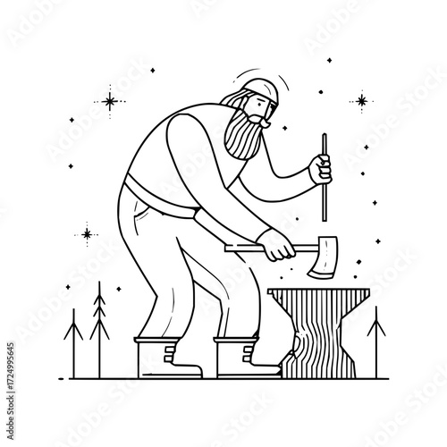 Illustration of a bearded lumberjack sharpening an axe on an anvil under a starry sky with trees nearby