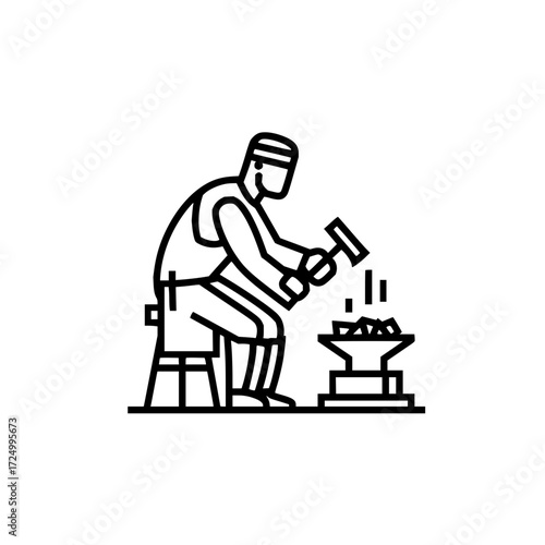 Line drawing of a blacksmith sitting on a stool hammering metal on an anvil in a minimalist style design