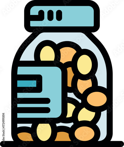 Medical round yellow pills filling transparent glass jar with label, representing prescribed medicine and healthcare