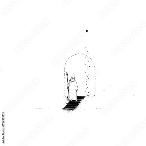A lone figure ascends steps towards an arched doorway beneath a solitary orb in a minimalist scene