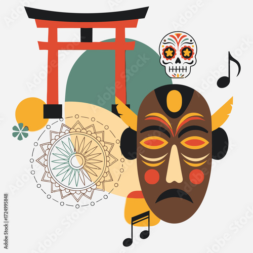 A vibrant abstract composition illustrating a global fusion of world cultures, featuring a tribal mask with headphones, a sugar skull, and a torii gate