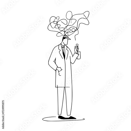 A scientist in a lab coat holding a beaker with chaotic lines above his head in a black and white drawing