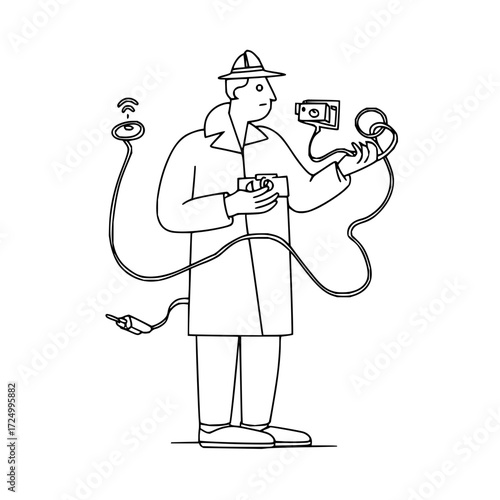 Illustration of a man in a trench coat holding connected cameras and a wireless device with a plug