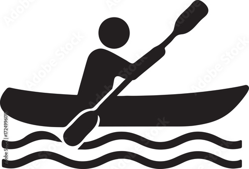 Silhouette of a person kayaking on water, ideal for outdoor, adventure, and sports designs.