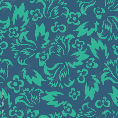 Seamless blooming floral pattern based on hand drawn art ornaments. Colorful flowers on color background. Vector illustration. Simple minimalistic pattern for fabric, textile.
