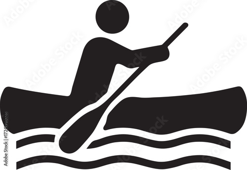 Silhouette of a person canoeing on water, perfect for outdoor, adventure, and sports designs.